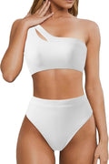 Women Cutout One Shoulder High Waisted Bikini - Flattering Tummy Top