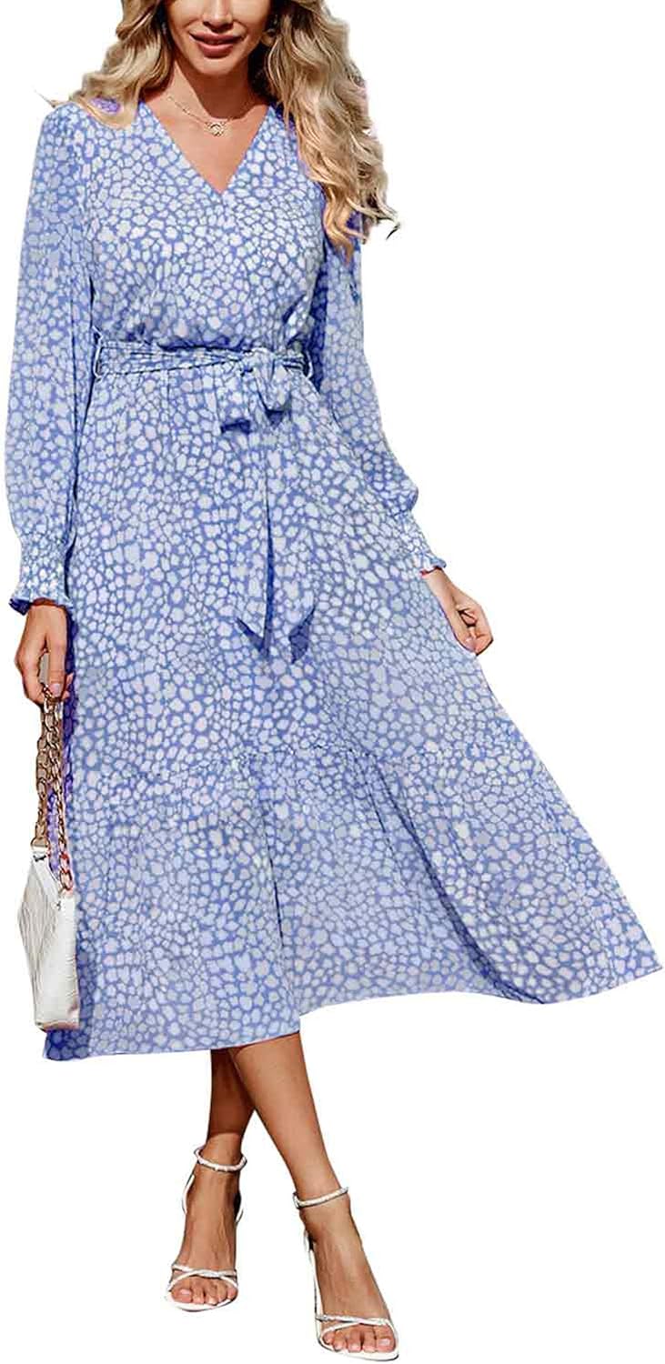 Floral Boho Maxi Dress for Women - Long Sleeve Wrap V Neck