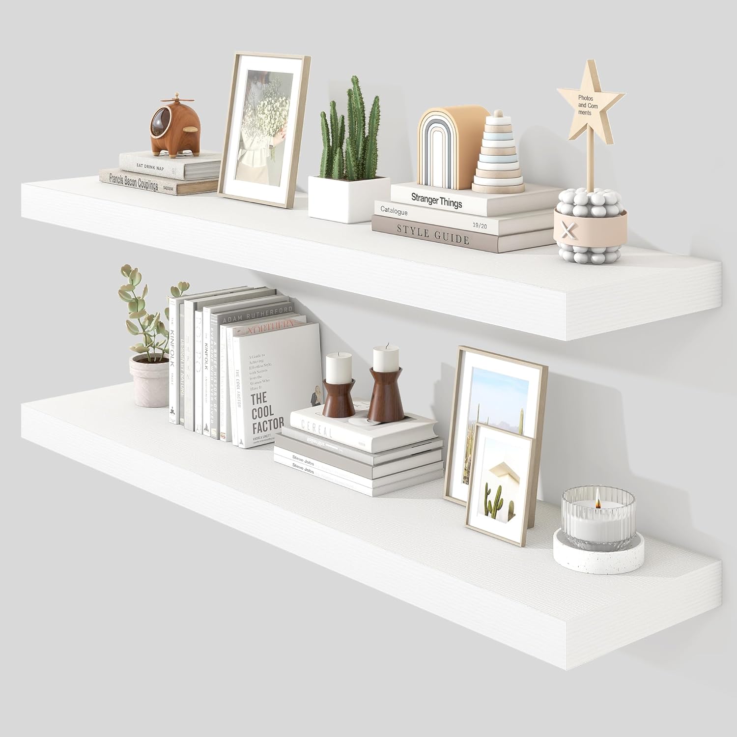 48 White Floating Shelves for Wall - Rustic Wood Display Set