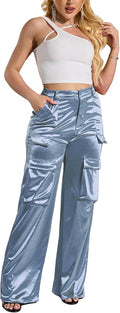 Womens Satin High Waist Cargo Pants - Loose Wide Leg Fit