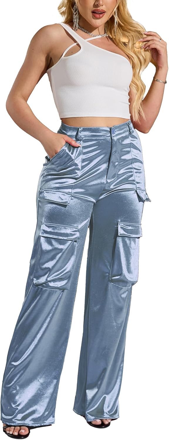 Womens High Waisted Satin Cargo Pants for Trendy Outfits