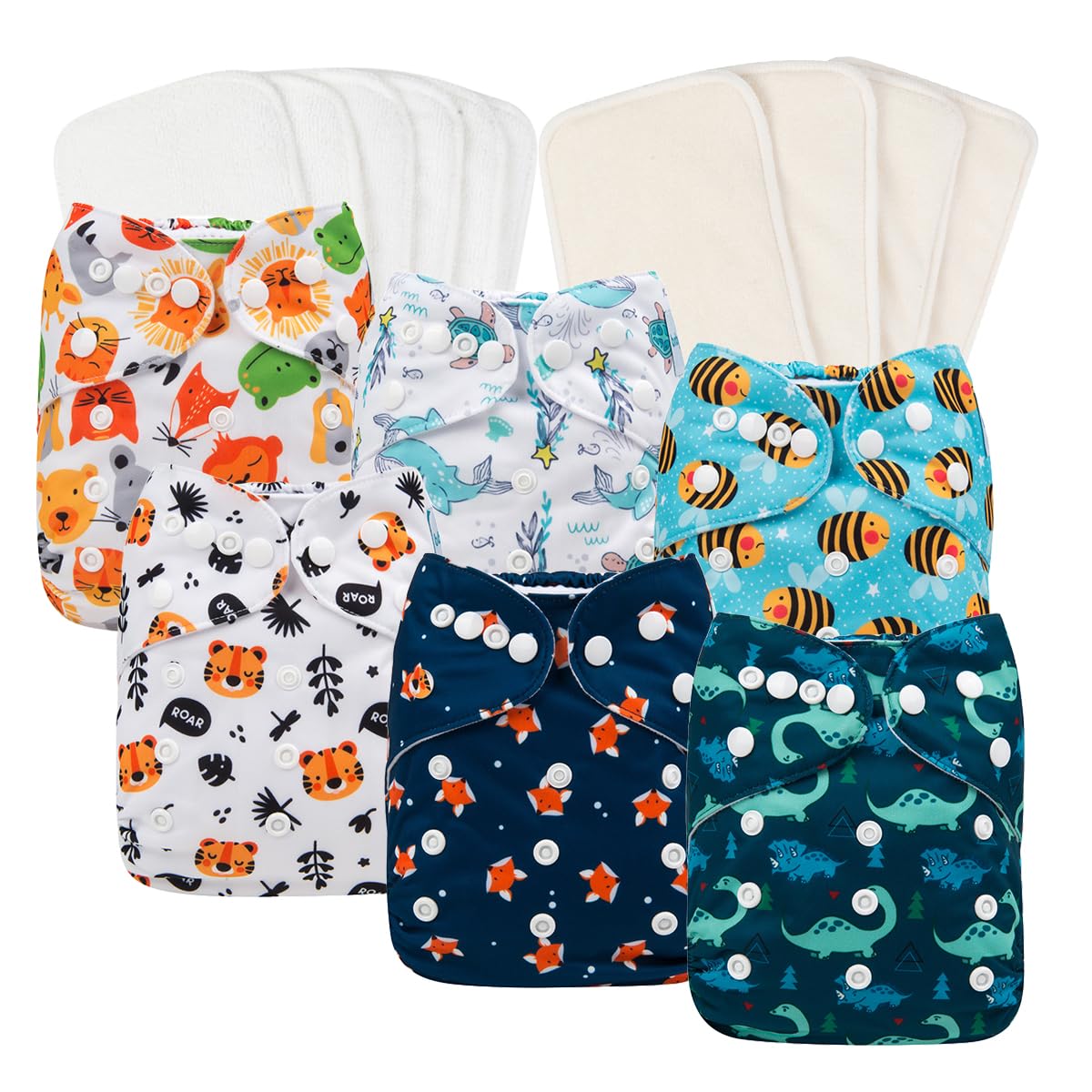 Reusable Cloth Diapers 6 Pack with Adjustable Inserts for Babies
