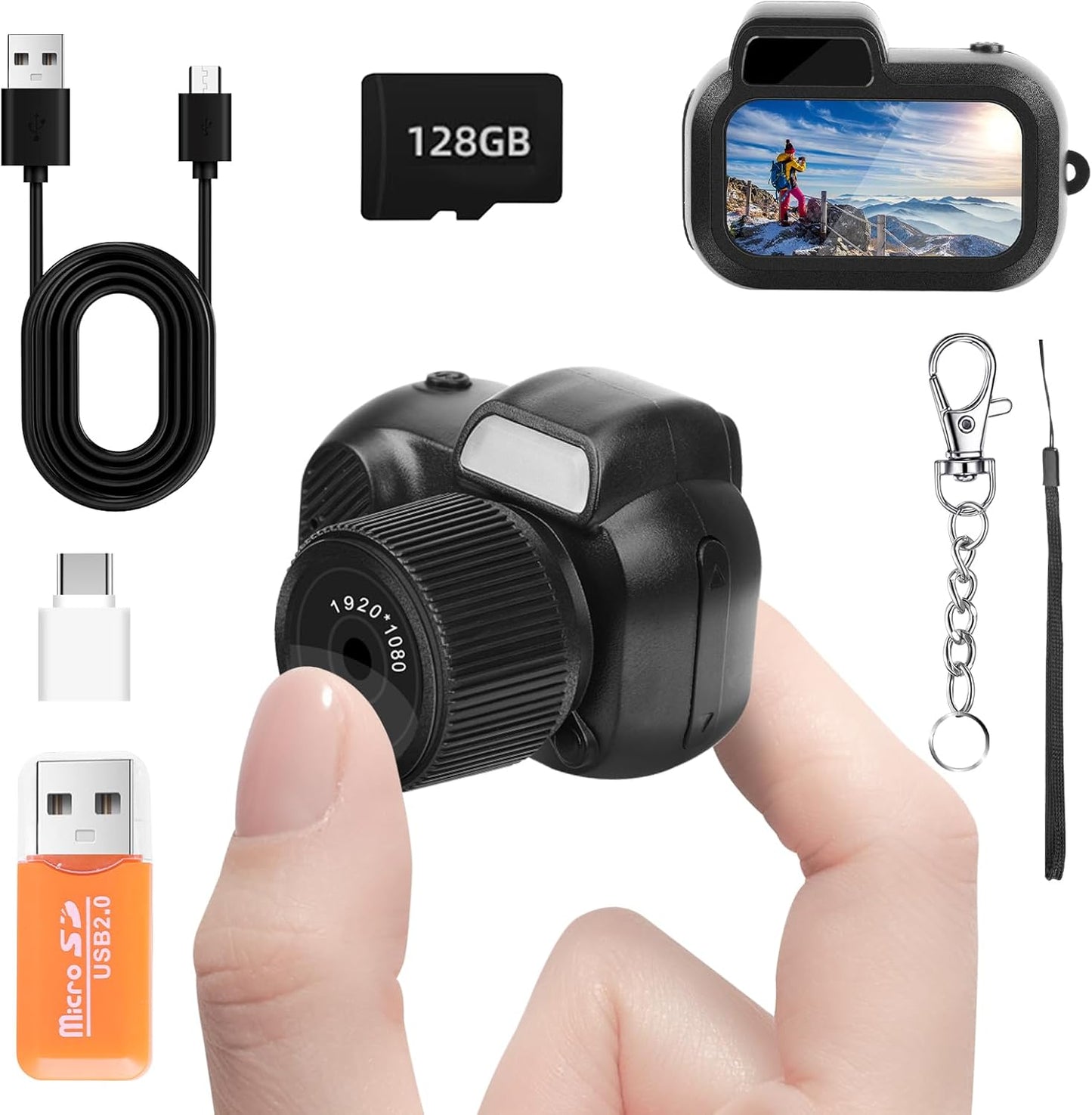 Mini Keychain Camera FHD 1080p with 128GB SD Card and Filters