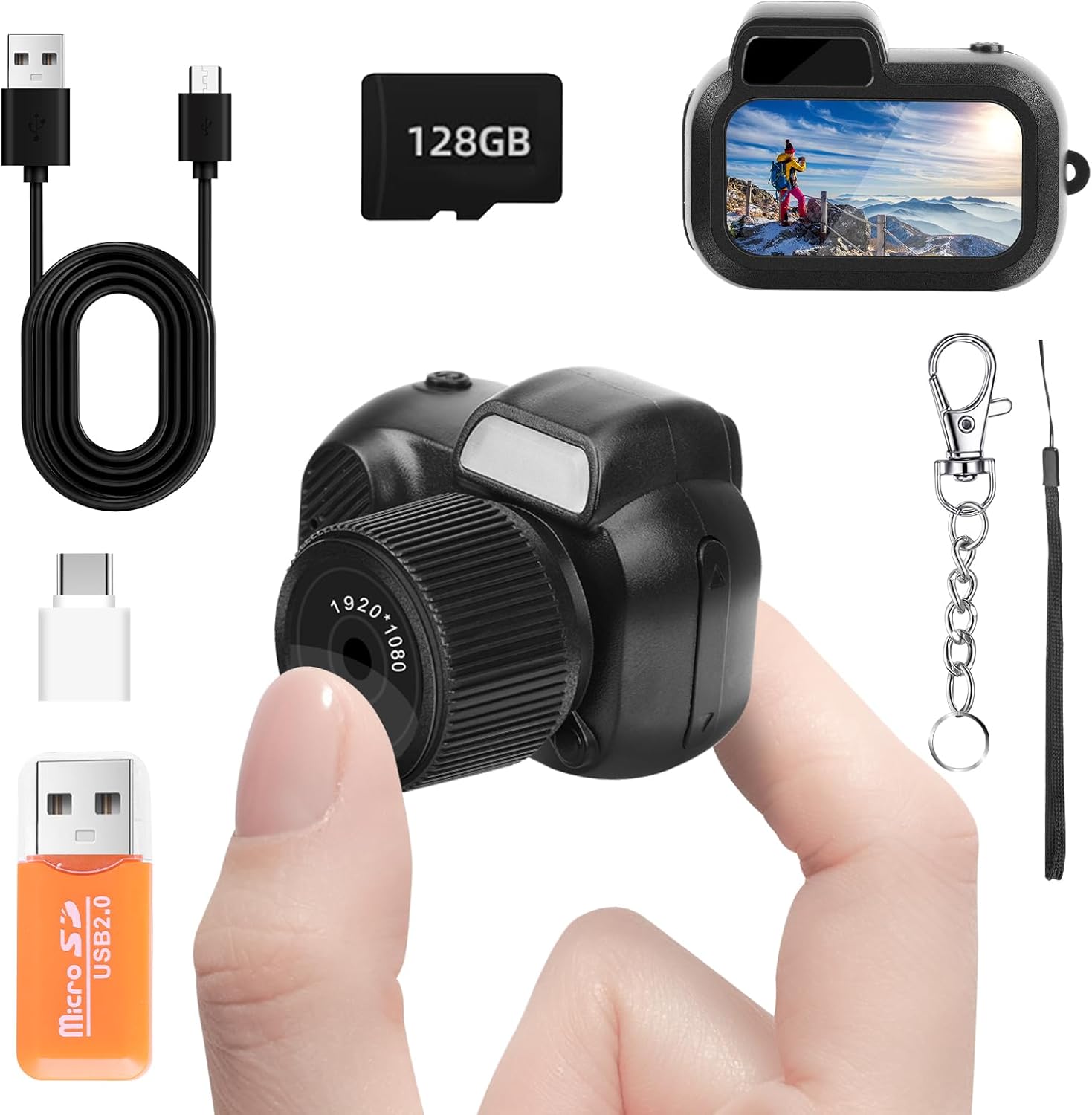 Mini Keychain Camera FHD 1080p with 128GB SD Card and Filters