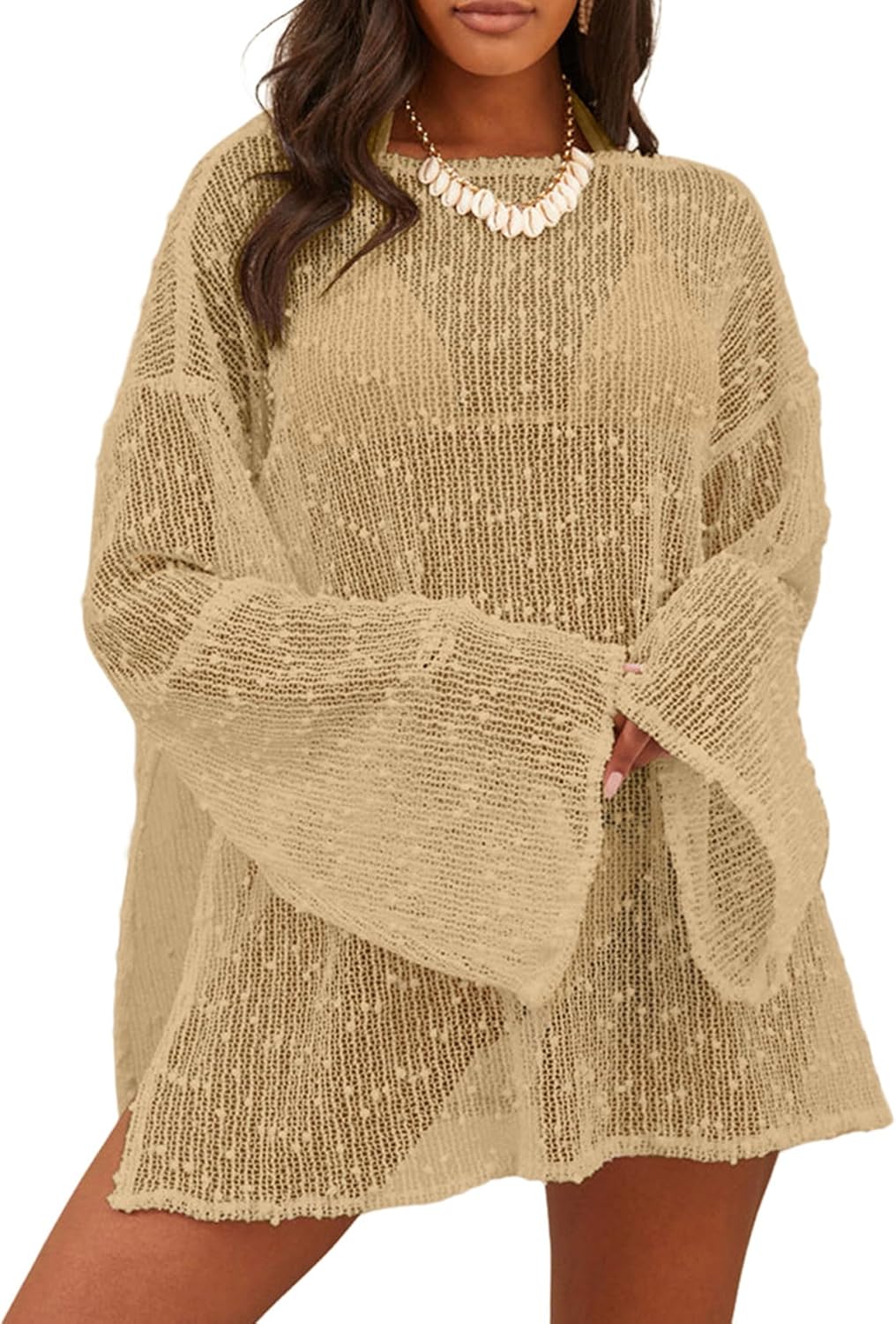 Lilosy Sexy Crochet Sheer Kaftan Beach Dress Coverup for Swim