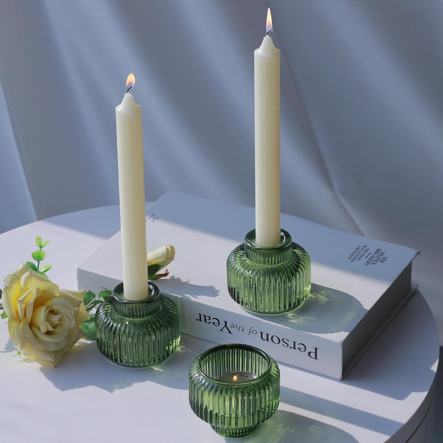 Vintage Green Taper Candle Holders Set of 8 for Home Decor
