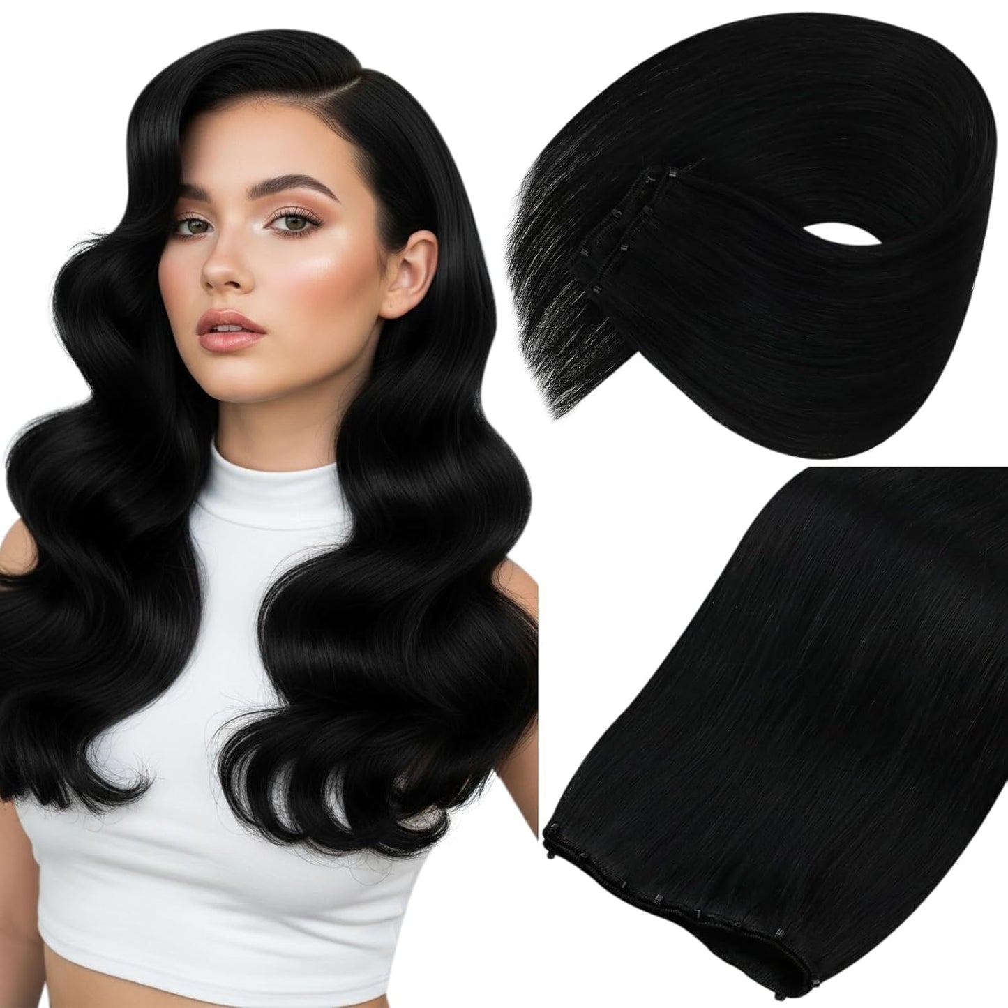 Beaded Weft Hair Extensions for Women - 24in Jet Black Human Hair