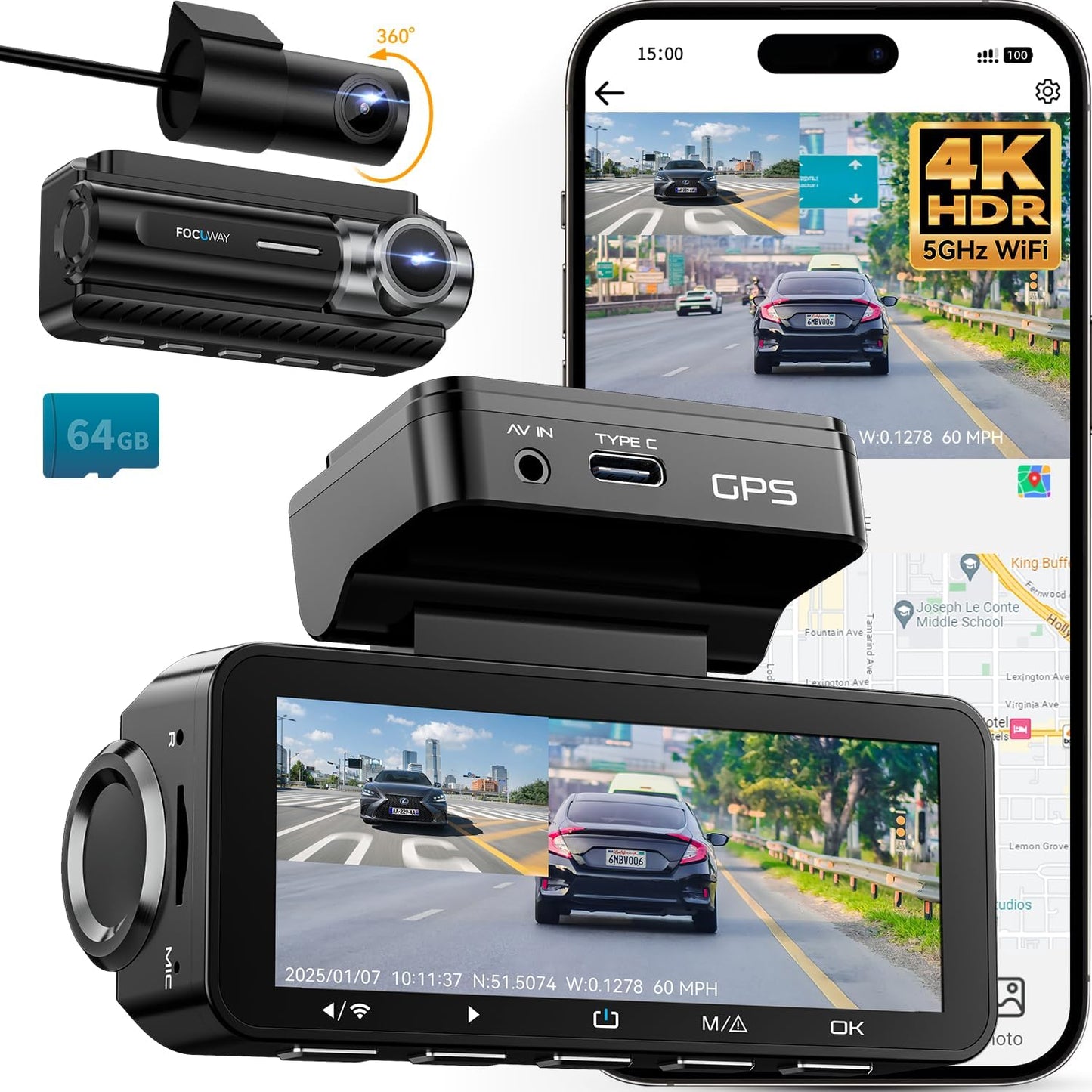 FocuWay 4K Dual Dash Cam: Built-in 5G WiFi, GPS & Voice Control