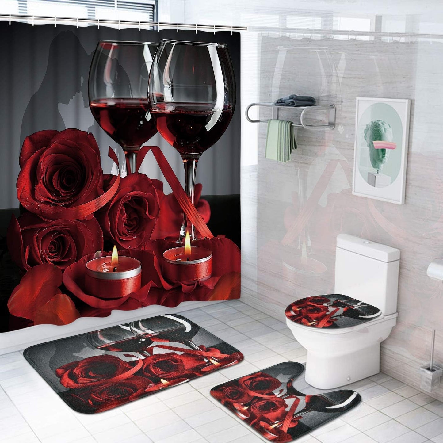 Romantic Red Rose 4-Pc Bathroom Set: Non-Slip Rugs, 3D Shower Curtain
