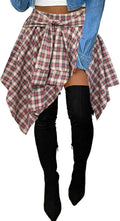 Women's Plaid Skorts Skirts - High Waisted Tie Front Asymmetrical Midi