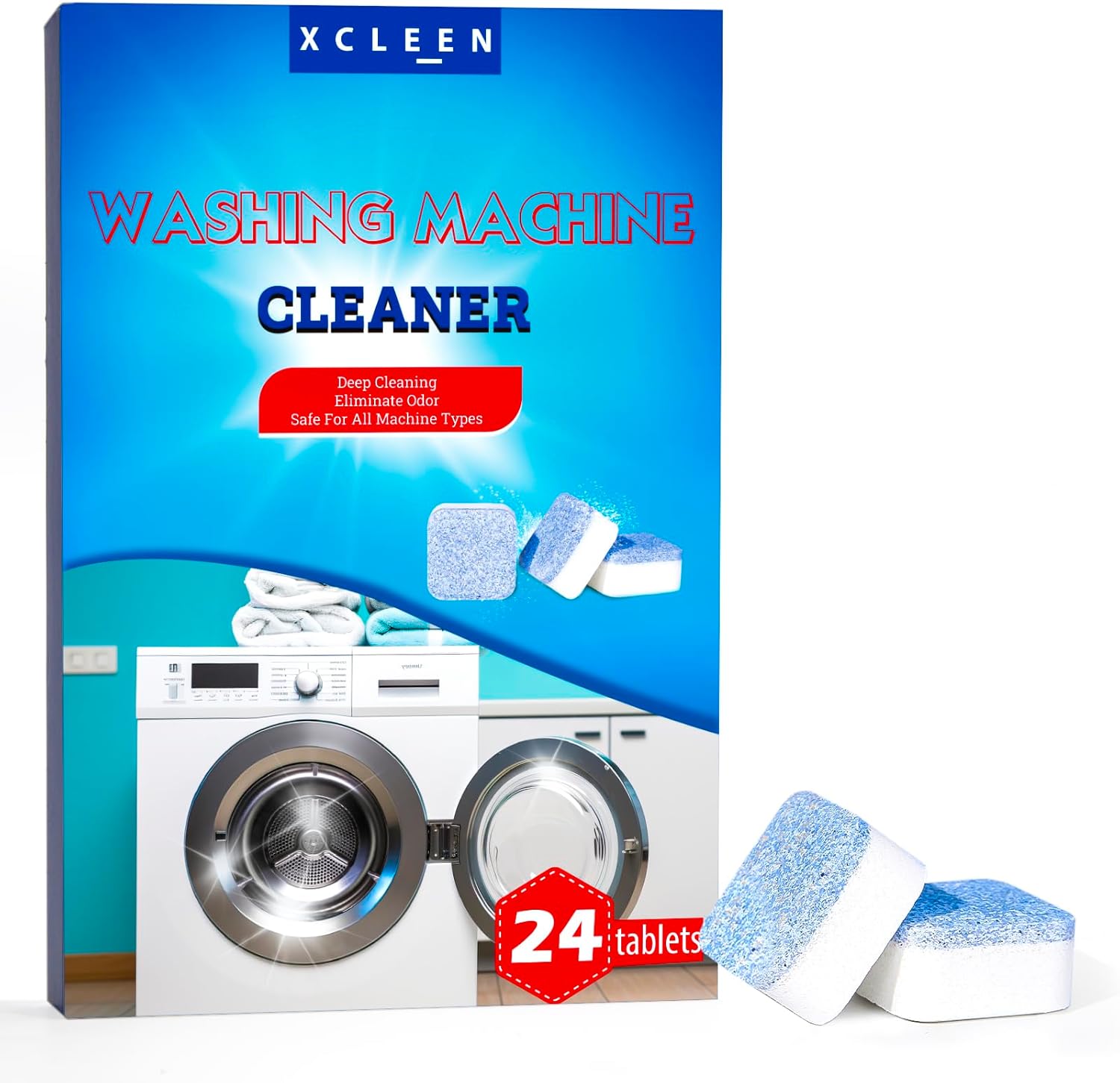Xcleen 24-Pack Washer Cleaner Tablets - Deep Cleaning for High-Efficiency He Washers