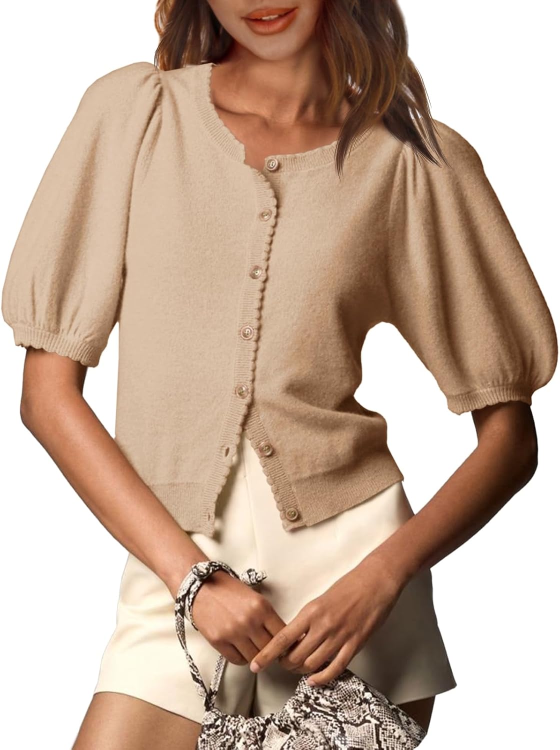 Lightweight Summer Cardigan for Women - Puff Sleeve Knit Top