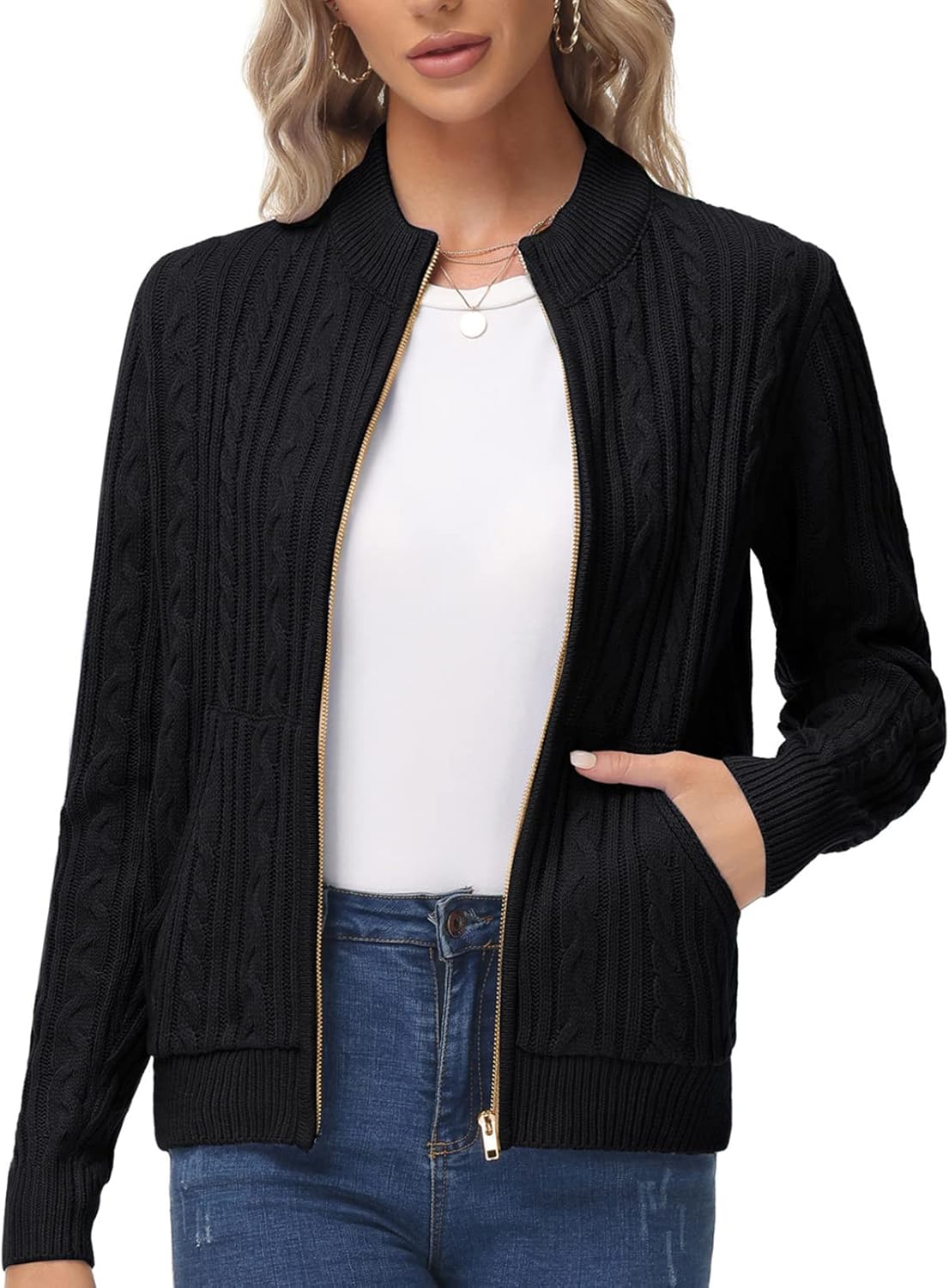 KANCY KOLE Women's Zip Up Cable Knit Sweater Cardigan with Pockets