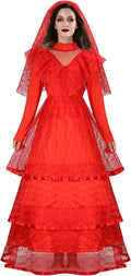 Women Red Gothic Wedding Bride Costume Dress - Gothic Lace Veil Set