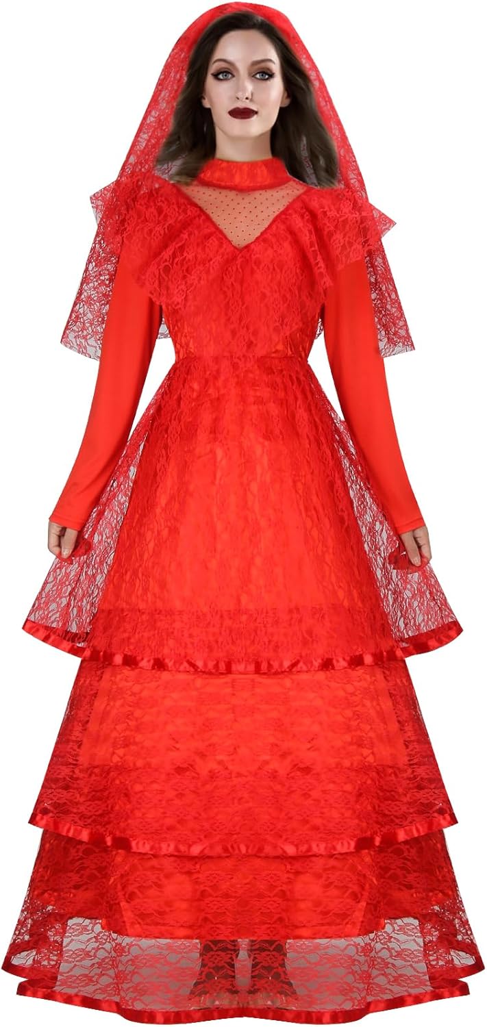 Women Red Gothic Wedding Bride Costume Dress for Halloween
