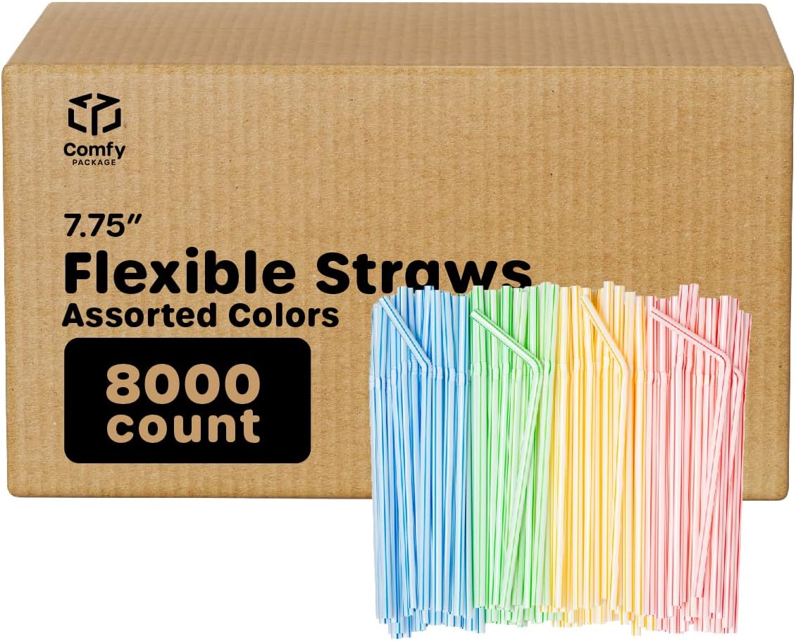 Flexible Plastic Straws - 7.75in Striped Assorted Colors Pack