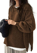 Women's Oversized Crewneck Sweaters Batwing Long Sleeve Side Slit cute
