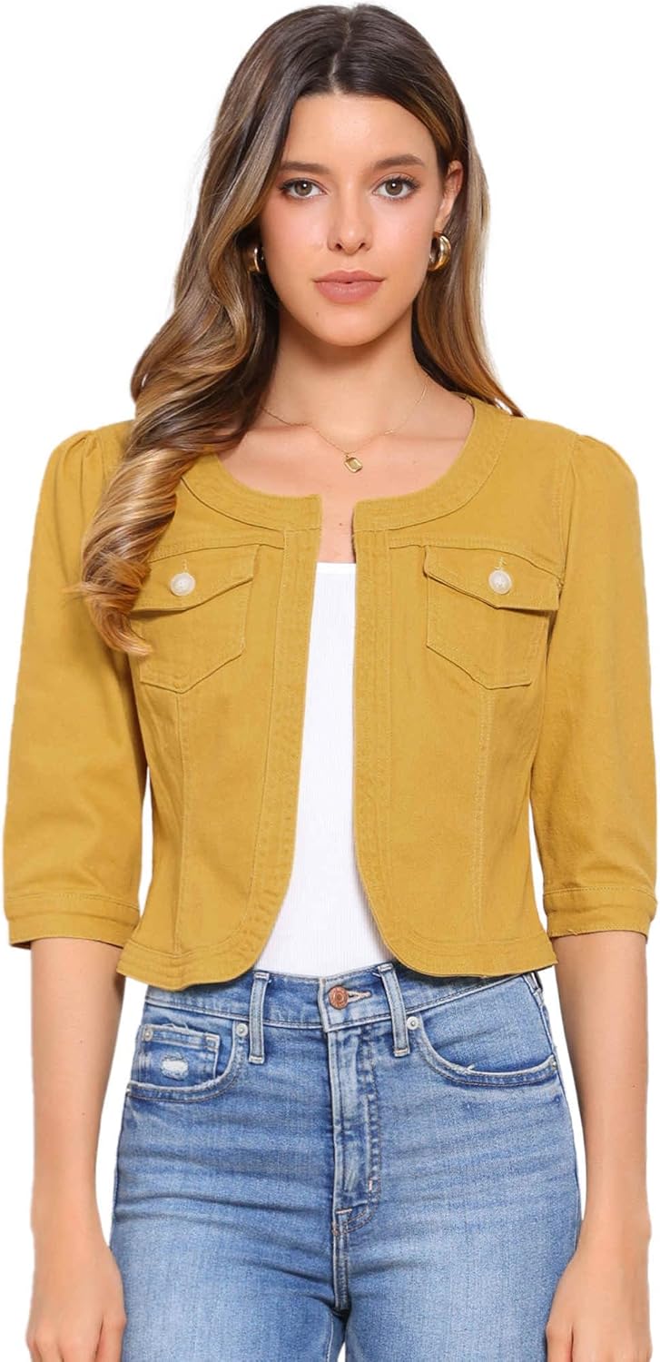 Allegra K Denim Jacket for Women - Stylish Collarless Crop Jean