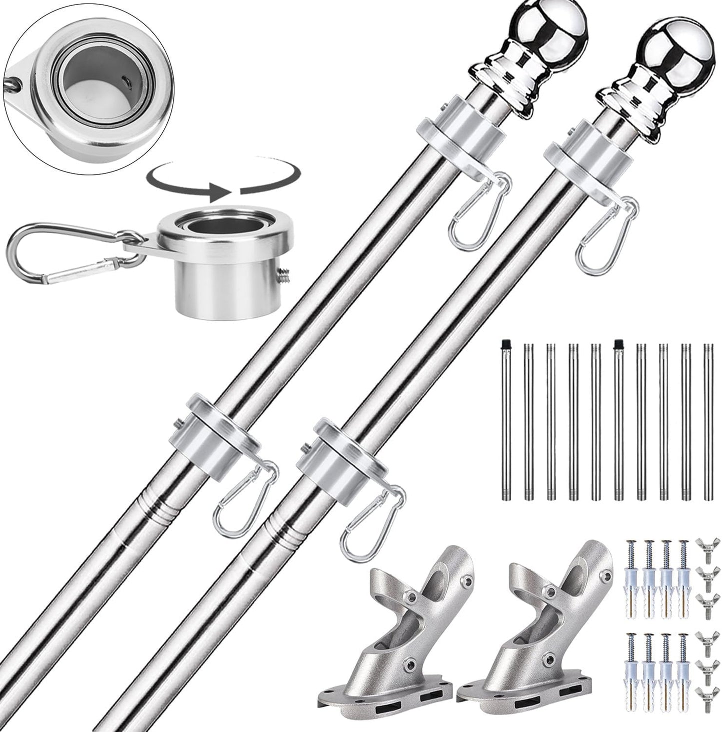 2 Pack 6 FT Flag Poles for Outside House with No-Tangle Design