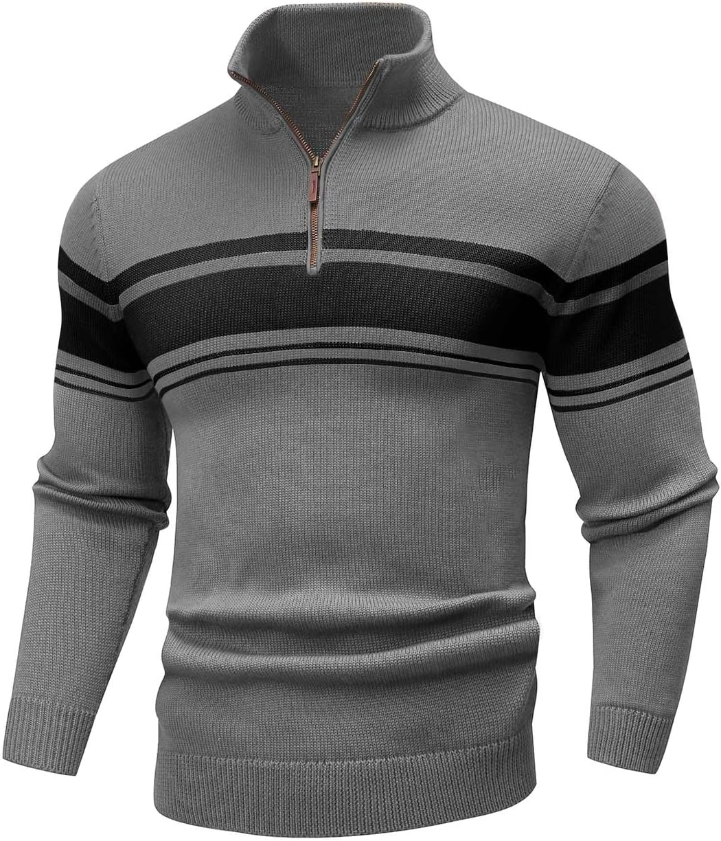 Mens Quarter Zip Sweater Casual Striped Long Sleeve Warm Pullover