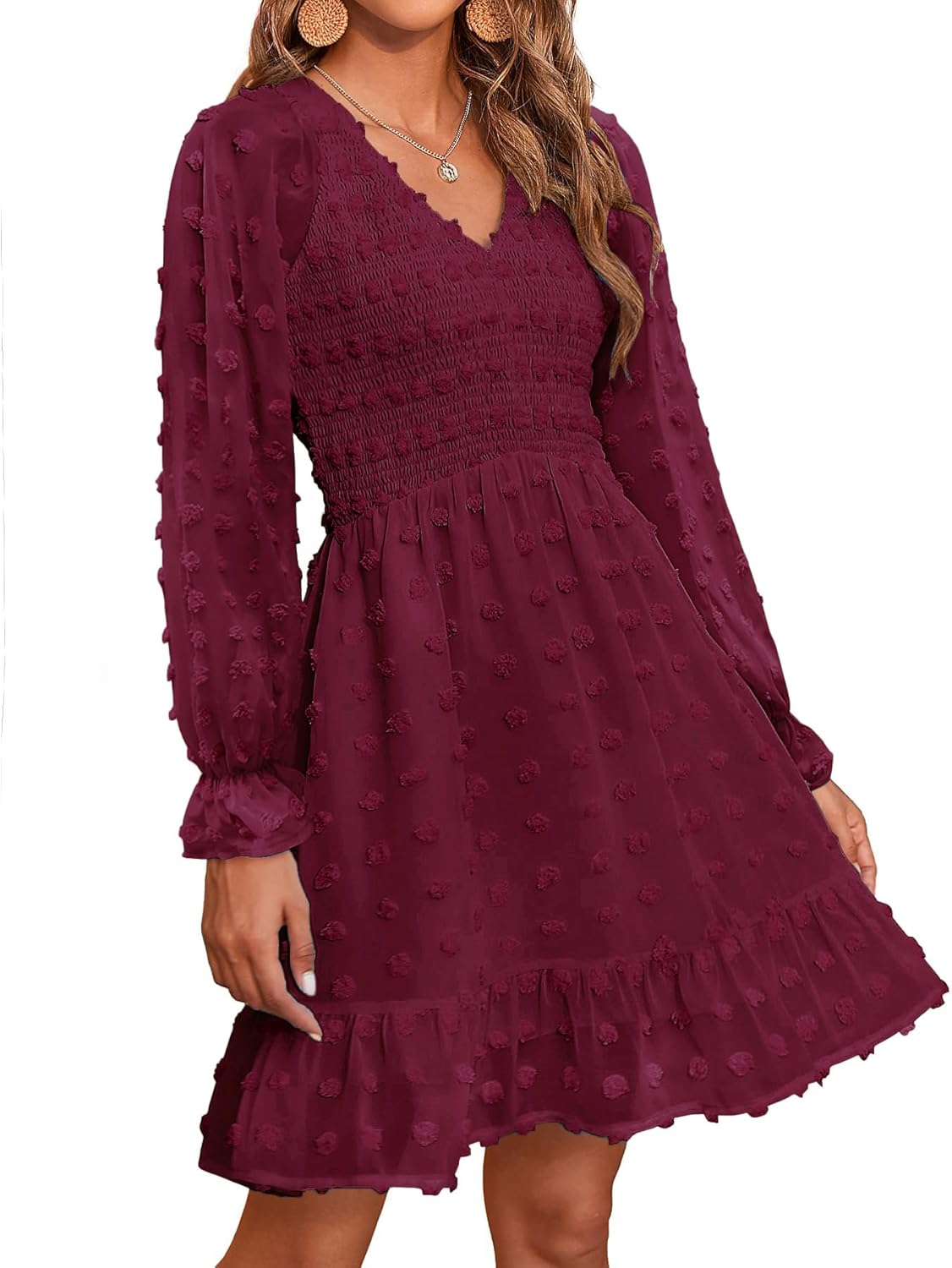 BTFBM Long Sleeve Fall Dresses for Women - V Neck Swiss Dot