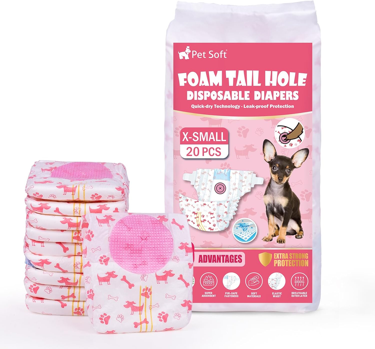 Ultra Protection Female Dog Diapers - Adjustable Tail Hole, Wetness Indicator, 20pcs
