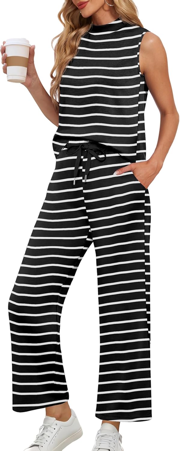 Lepunuo Two Piece Sets for Women Summer Mock Neck Sleeveless Top