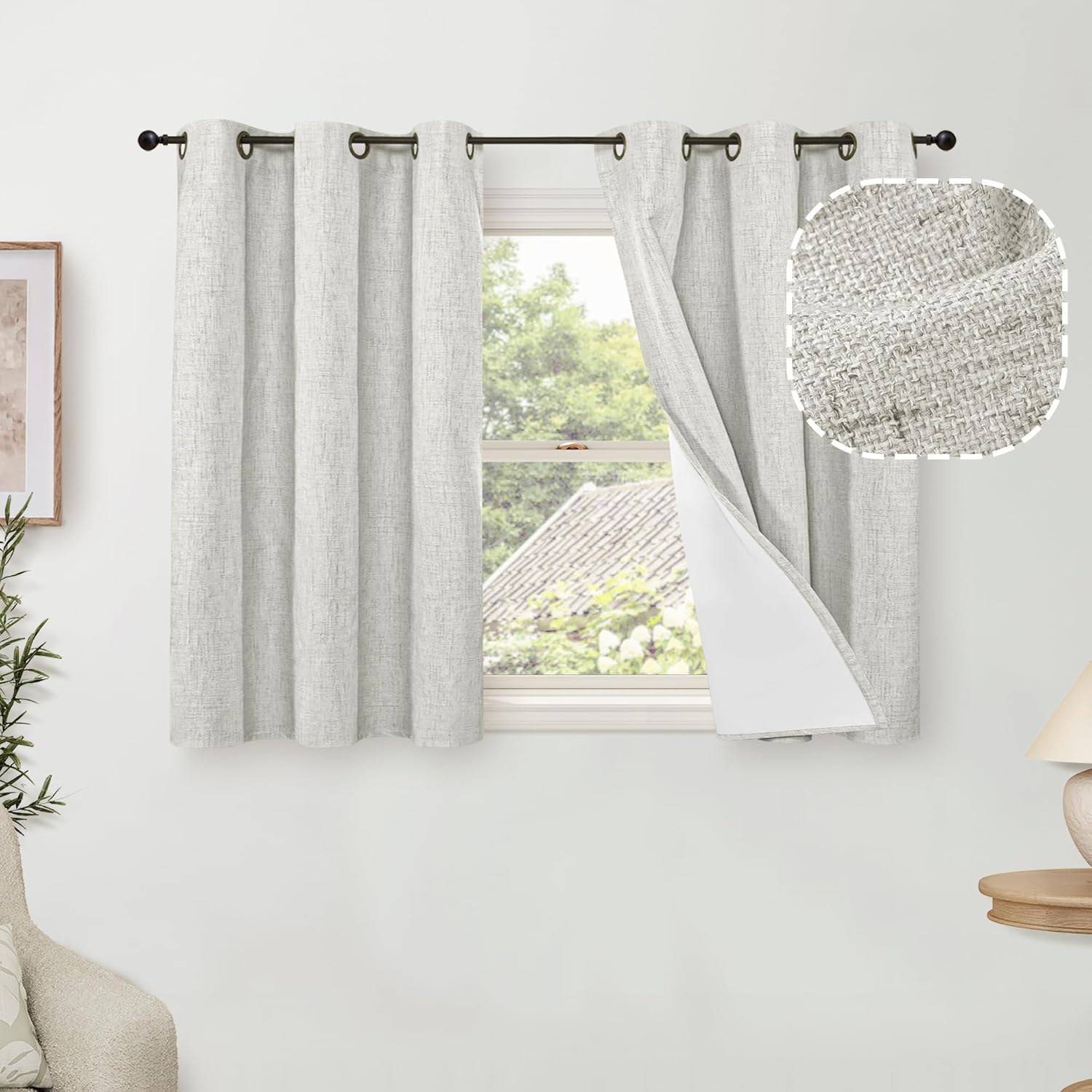 40 Inch Length Linen Blackout Curtains for Short Cafe Windows