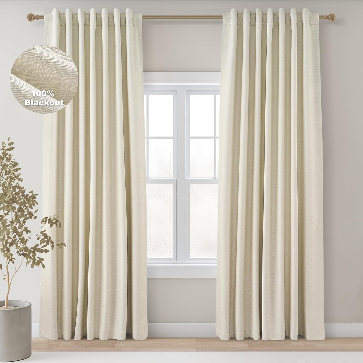 Topfinel 90 Inch Full Blackout Cream Linen Curtains for Bedroom
