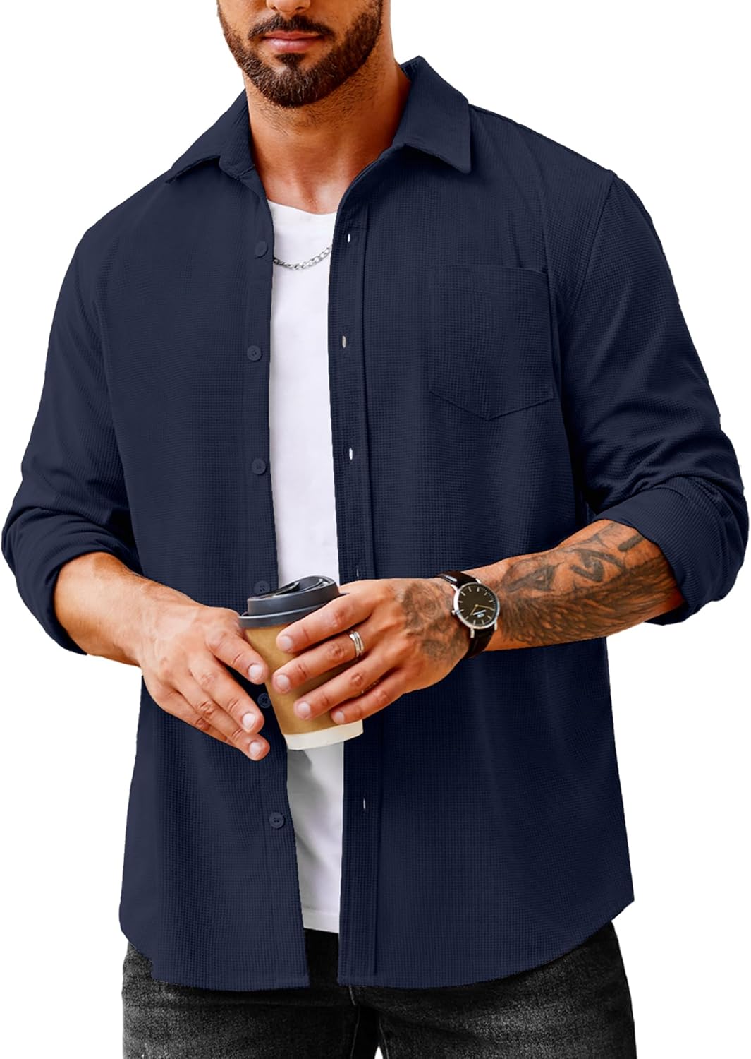 COOFANDY Men's Waffle Button Down Shirt for Casual Style