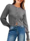 Cropped Cardigan Sweater Womens - Lightweight Puff Sleeve Crop Top