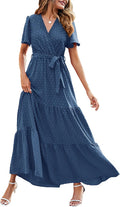 MASCOMODA Womens Swiss Dot Maxi Dress - Flowy Boho Wrap V Neck Formal