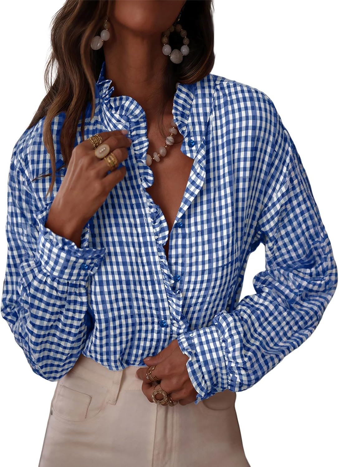Astylish Womens Plaid Ruffle V Neck Button Down Blouse Review