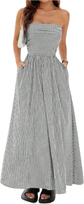 Striped Strapless Maxi Dress - Flared Tube Top with Pockets