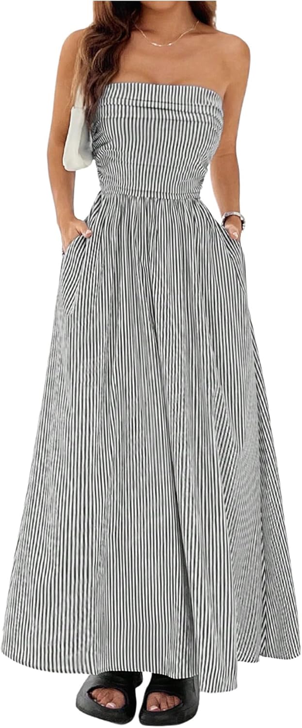 Milumia Women's Striped Strapless Maxi Dress with Pockets