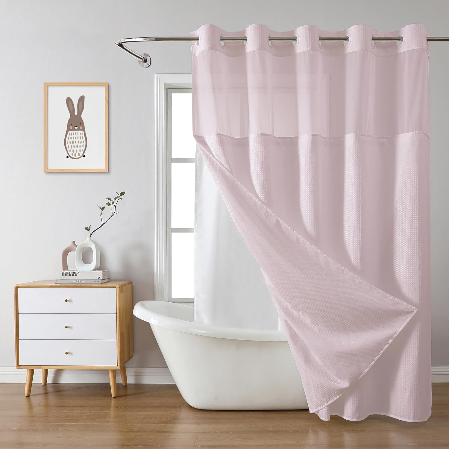BlushPink No Hook Waffle Weave Shower Curtain for Modern Bathrooms