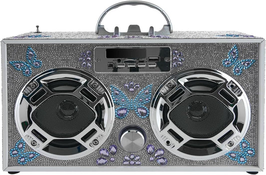 Wireless Retro Boombox: Bluetooth, LED Lights, FM Radio (Silver)