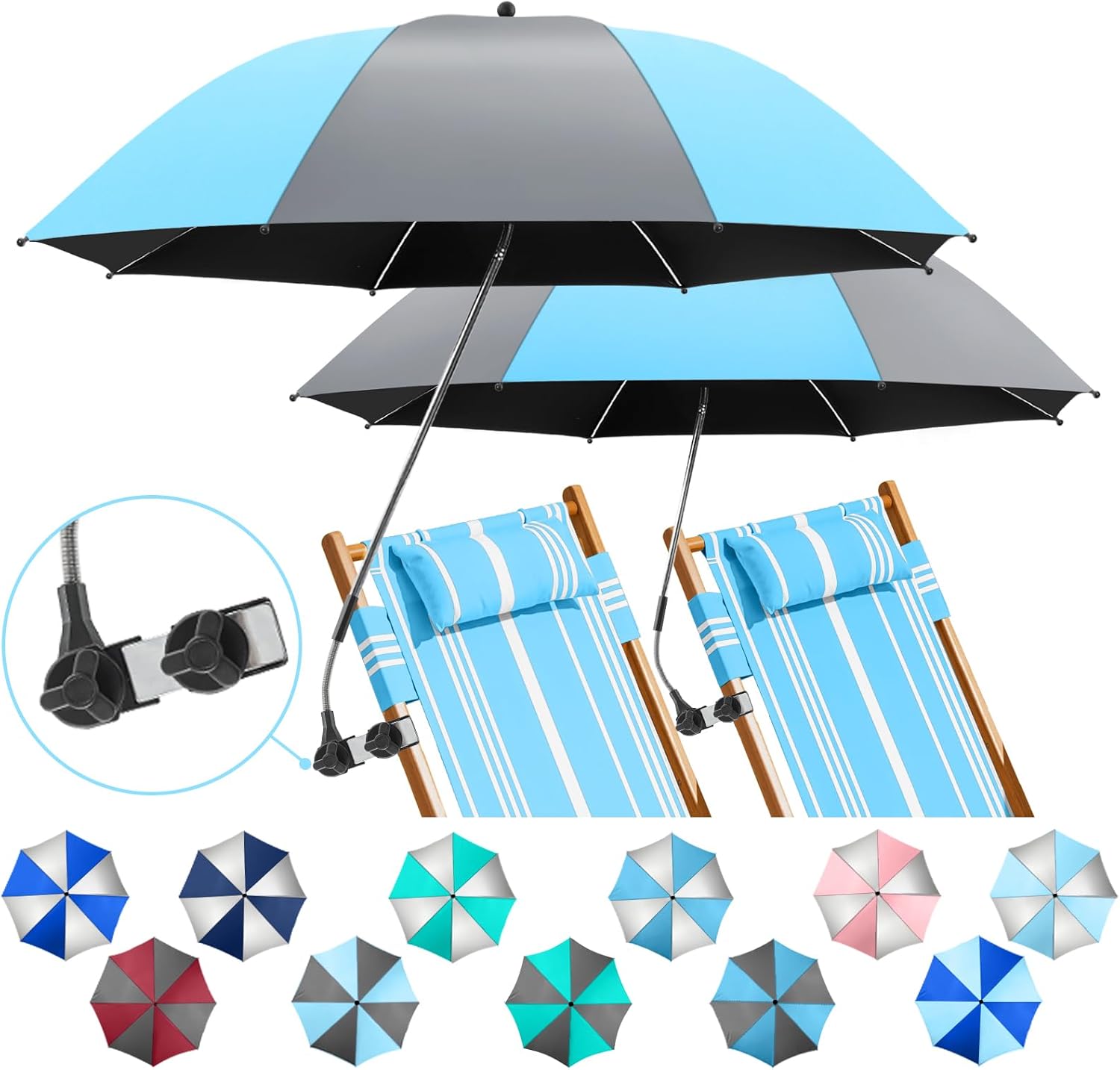 2 Pack Beach Umbrella with 360 Clamp for Ultimate Sun Protection