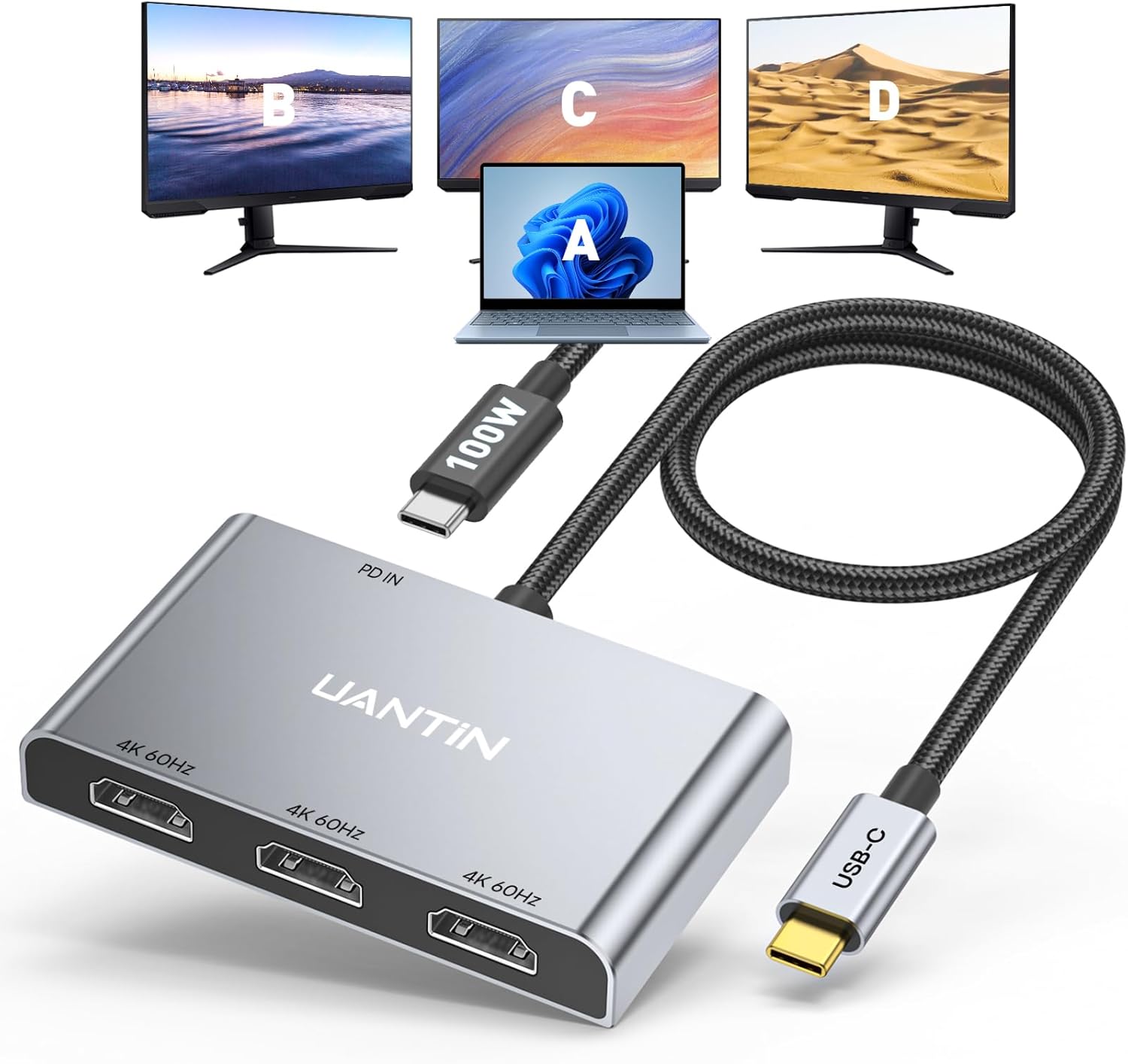 USB C to 3 HDMI Adapter for Multi-Monitor Setup with PD 100W