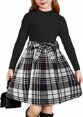 Arshiner Girls Long Sleeve Rib Knit Plaid Patchwork Belted Dress blend