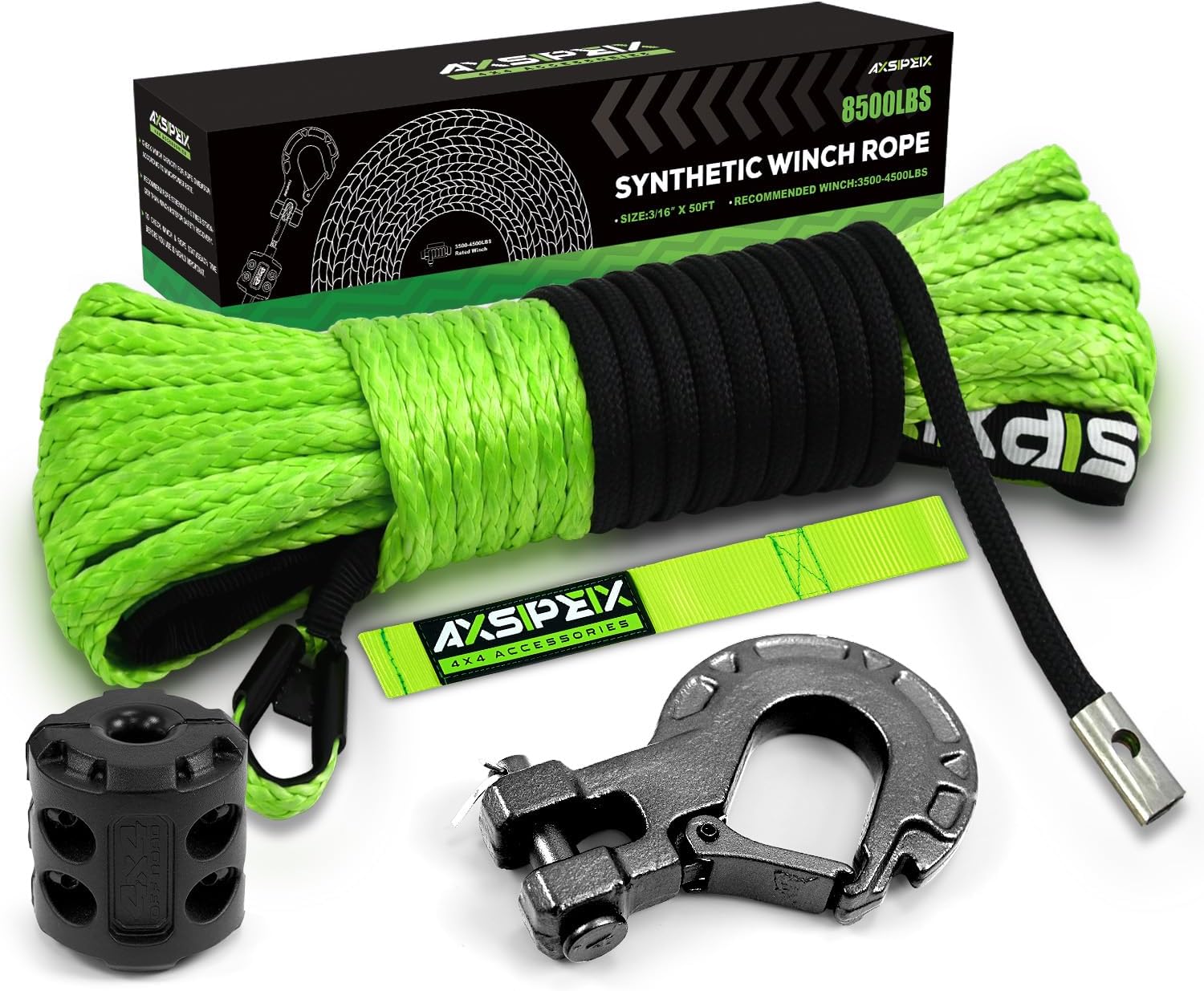 Synthetic Winch Rope Kit 3/16in x 50ft 8500LBS Green Cable