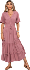 Womens Cotton Summer V Neck Floral Midi Dress - Flowy Boho