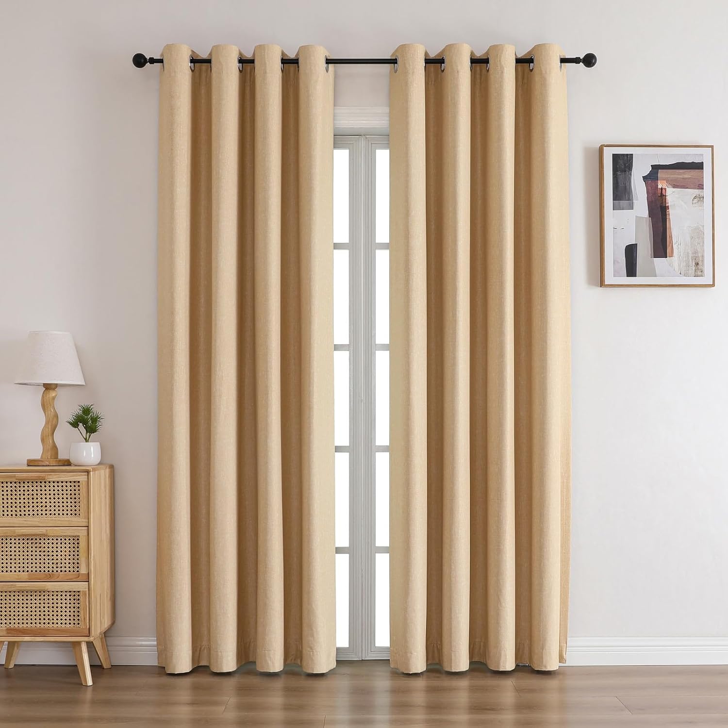 Blackout Linen Look Grommet Curtains - Light Yellow