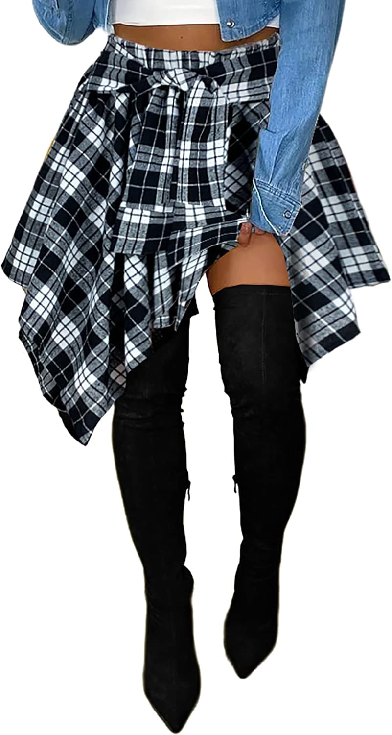 Women's Plaid Skirts High Waisted Knot Front Mini Skater Style