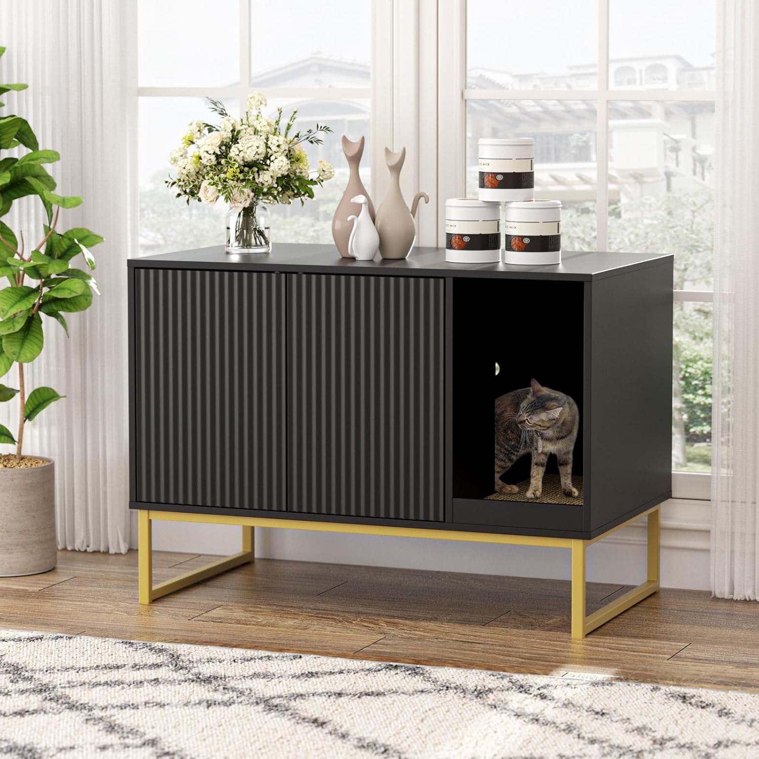 Cat Litter Box Enclosure with Elegant Flute Design for Cats