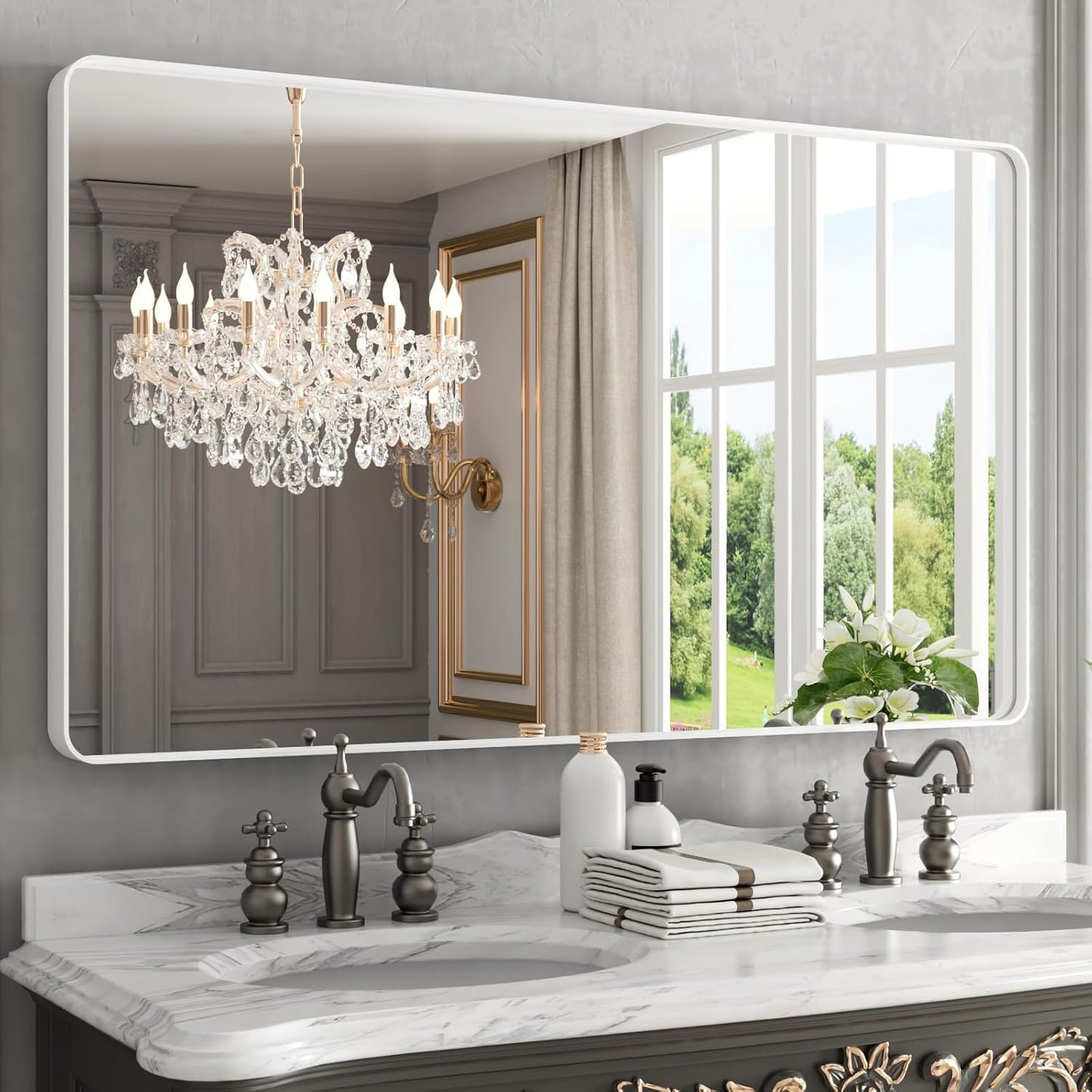 WEER White Bathroom Mirror 50X30 Inch with Rounded Rectangle Frame