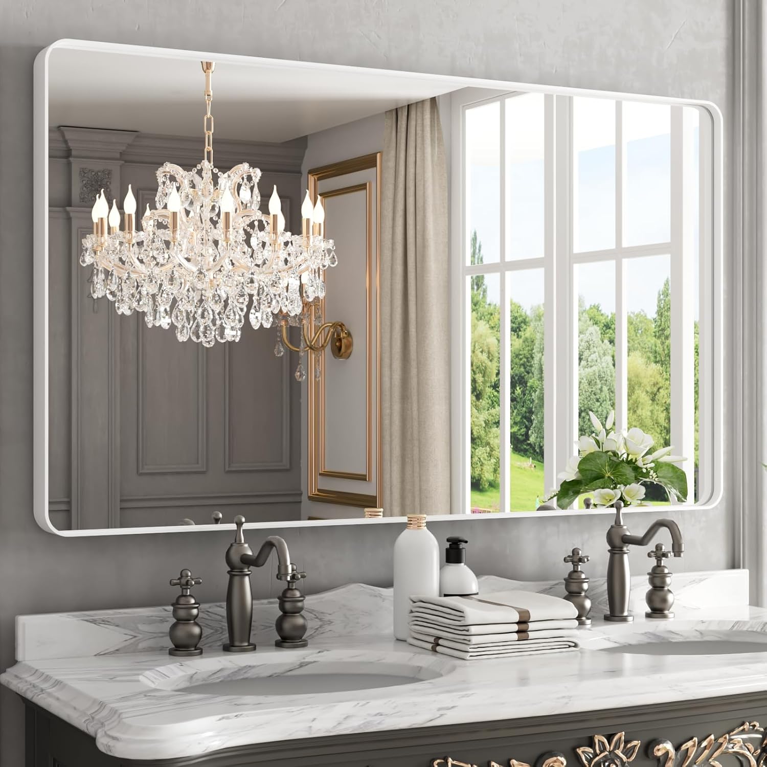 WEER White Bathroom Mirror 50X30 Inch with Rounded Rectangle Frame