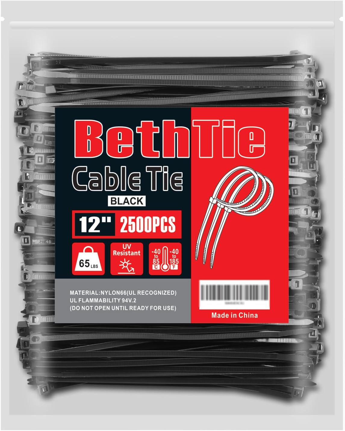 Black 12 Inch Zip Ties - 2500 Pack with 65 LBS Strength