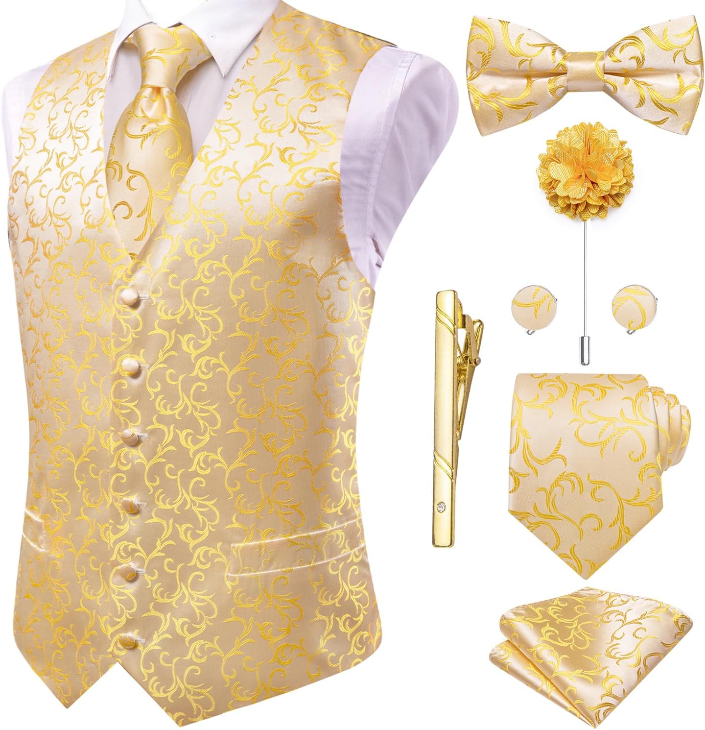 Hi-Tie Silk Mens Suit Vest Set with Tie and Bowtie for Weddings