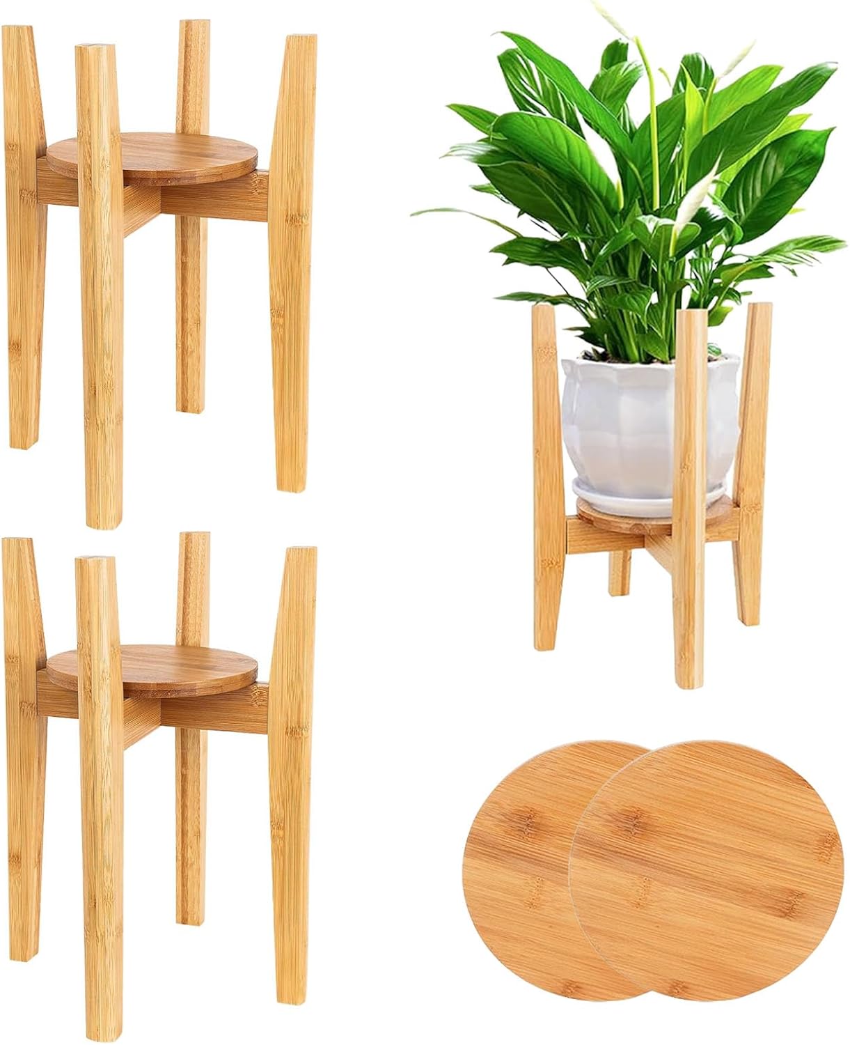 Adjustable Plant Stand with Tray for Indoor Use, Natural Finish